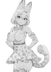 Rule 34 | 1girl, absurdres, animal ear fluff, animal ears, animal print, arms behind back, bare shoulders, blush, bow, bowtie, breasts, colored inner hair, cowboy shot, earthisfire, extra ears, gloves, greyscale, hair between eyes, head tilt, high-waist skirt, highres, impossible clothes, impossible shirt, kemono friends, looking at viewer, medium breasts, medium hair, microskirt, monochrome, multicolored hair, parted lips, print bow, print bowtie, print gloves, print skirt, print thighhighs, serval (kemono friends), serval print, shirt, skirt, sleeveless, sleeveless shirt, smile, solo, sweat, tail, thighhighs, zettai ryouiki