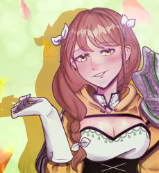 Rule 34 | 1girl, armor, breasts, brown hair, cleavage, commentary, corset, drop shadow, fire emblem, fire emblem engage, gloves, goldmary (fire emblem), green background, hand up, highres, large breasts, long hair, looking at viewer, nintendo, purple lips, shoulder armor, smile, solo, upper body, wellamayo, white gloves, yellow eyes