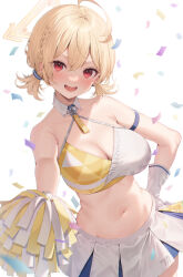 Rule 34 | 1girl, ahoge, blonde hair, blue archive, blush, breasts, cleavage, clothes writing, cowboy shot, detached collar, gloves, halo, halterneck, highres, holding, holding pom poms, kotori (blue archive), kotori (cheer squad) (blue archive), large breasts, long hair, looking at viewer, me meel, millennium cheerleader outfit (blue archive), navel, official alternate costume, open mouth, pom pom (cheerleading), pom poms, red eyes, short twintails, simple background, skirt, smile, solo, twintails, white background, white gloves, white skirt, yellow halo