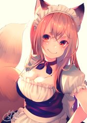 Rule 34 | 1girl, animal ear fluff, animal ears, apron, back bow, beige background, black choker, black skirt, blush, bow, breasts, brown hair, chita (ketchup), choker, cleavage, closed mouth, commentary, fox ears, fox girl, fox tail, frilled apron, frills, hair between eyes, highres, long hair, maid, maid headdress, medium breasts, original, puffy short sleeves, puffy sleeves, red eyes, shirt, short sleeves, signature, skirt, smile, solo, tail, tail raised, thick eyebrows, underbust, waist apron, white apron, white bow, white shirt