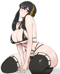Rule 34 | 1girl, bare arms, bare shoulders, bikini, black bikini, black hair, black thighhighs, blush, breasts, cleavage, closed mouth, hairband, kisou (kisou00), large breasts, looking at viewer, red eyes, seiza, sidelocks, simple background, sitting, solo, spy x family, string bikini, swimsuit, thick thighs, thighhighs, thighs, underboob, wavy mouth, white background, yor briar