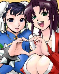 Rule 34 | 2girls, bad id, bad pixiv id, breasts, bun cover, capcom, chun-li, cleavage, crossover, double bun, covered erect nipples, fatal fury, fjt (fjym2), fjym2, green eyes, heart, heart hands, heart hands duo, huge breasts, large breasts, lowres, multiple girls, shiranui mai, snk, street fighter, the king of fighters