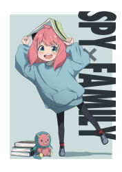 Rule 34 | 1girl, :d, absurdres, ahoge, anya (spy x family), aqua background, arms up, black pants, blue sweater, blush, book, border, child, commentary request, copyright name, cover, cover page, director chimera (spy x family), eyelashes, full body, green eyes, hairpods, happy, highres, holding, holding book, long sleeves, looking at viewer, medium hair, nishizuki shino, open book, open mouth, pants, parody, partial commentary, pink hair, simple background, smile, spy x family, standing, standing on one leg, stuffed animal, stuffed toy, style parody, sweater, swept bangs, tareme, teeth, tongue, upper teeth only, white border