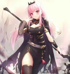 Rule 34 | 1girl, armlet, belt, black dress, black nails, black thighhighs, blush, breasts, cleavage, closed mouth, commentary request, crown, detached sleeves, dress, gradient background, highres, holding, holding scythe, holding weapon, hololive, hololive english, large breasts, long hair, long sleeves, looking at viewer, mori calliope, nail polish, pelvic curtain, pink eyes, pink hair, scythe, see-through, shoulder spikes, sidelocks, single detached sleeve, smile, solo, spikes, thighhighs, thighs, tokoshibyra, veil, very long hair, virtual youtuber, weapon