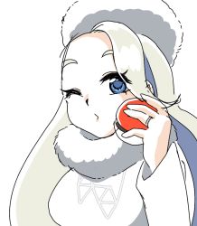 Rule 34 | 1girl, blue eyes, breasts, creatures (company), female focus, forehead, fur collar, fur hat, fur trim, game freak, gym leader, hand up, hat, holding, holding poke ball, jewelry, large breasts, long hair, long sleeves, looking at viewer, mature female, melony (pokemon), muguet, nintendo, one eye closed, open mouth, platinum blonde hair, poke ball, poke ball (basic), pokemon, pokemon swsh, ring, shirt, sketch, solo, upper body, wedding band, white hat, white shirt, wink