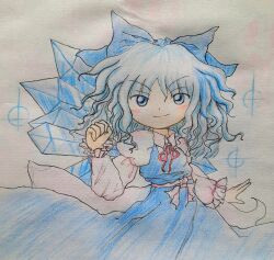 Rule 34 | 1girl, blue bow, blue dress, blue eyes, blue hair, blush, bow, cirno, clenched hand, colored pencil (medium), dot nose, dress, fairy wings, hair bow, hand up, highres, ice, ice wings, light blue hair, looking at viewer, medium hair, neck ribbon, paper background, photo (medium), pinafore dress, puffy sleeves, red bow, red ribbon, ribbon, sketch, sleeveless, sleeveless dress, smile, solo, star (symbol), touhou, traditional media, upper body, v-shaped eyebrows, white background, white sleeves, wings, yakumo zhuzhen, zun (style)