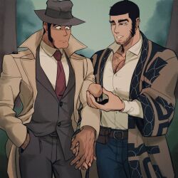 Rule 34 | 2boys, ainu clothes, bara, beard, black hair, buzz cut, chest hair peek, coat, couple, crossover, dark-skinned male, dark skin, double chin, facial hair, fedora, feet out of frame, food, goatee stubble, golden kamuy, hairy, hat, highres, holding, holding food, holding hands, interlocked fingers, kon likes corn, large hands, large pectorals, long sideburns, lupin iii, male focus, mature male, multiple boys, muscular, muscular male, partially unbuttoned, pectoral cleavage, pectorals, potato, raised eyebrows, short hair, sideburns, standing, stubble, tanigaki genjirou, thick eyebrows, very short hair, yaoi, zenigata kouichi