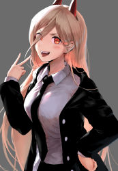 Rule 34 | + +, 1girl, black jacket, black necktie, breasts, chainsaw man, cross-shaped pupils, crosshair pupils, demon girl, demon horns, eyes visible through hair, fangs, grey background, highres, horns, jacket, long hair, looking at viewer, medium breasts, necktie, pink eyes, pink hair, power (chainsaw man), red horns, sharp teeth, shirt tucked in, shuucream (syuichi), simple background, solo, symbol-shaped pupils, teeth, tongue, tongue out, v