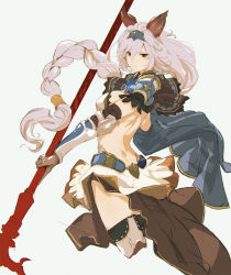 Rule 34 | 10s, 1girl, animal ears, backless outfit, bare back, braid, cape, detached sleeves, elbow pads, erune, gloves, granblue fantasy, grey hair, heles, holding, holding weapon, long hair, polearm, red eyes, shoulder pads, simple background, sketch, so-bin, solo, thighhighs, very long hair, weapon, zettai ryouiki