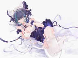 Rule 34 | 1girl, :3, aqua eyes, aqua hair, azur lane, blue dress, blue hair, blush, bow, breasts, cheshire (azur lane), cleavage, closed mouth, commentary, detached collar, dress, frilled hairband, frills, full body, garter straps, hair bow, hairband, highres, legs together, long hair, looking at viewer, lying, medium breasts, multicolored hair, on side, shia job, short dress, short hair, simple background, sleeveless, sleeveless dress, smile, solo, streaked hair, thighhighs, thighs, two-tone hair, white background, white thighhighs, wrist cuffs