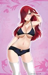 Rule 34 | 1girl, absurdres, armpits, bikini, bikini top only, blush, breasts, brown eyes, cleavage, collarbone, covered erect nipples, erza scarlet, fairy tail, gaston18, hair over one eye, highres, large breasts, long hair, navel, parted lips, red hair, shorts, solo, standing, swimsuit, thighhighs, underboob, white thighhighs
