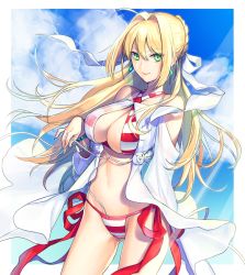 Rule 34 | 1girl, ahoge, amg (nwmnmllf), artist name, babydoll, bare shoulders, bikini, blonde hair, bracelet, braid, breasts, closed mouth, cloud, day, earrings, fate/grand order, fate (series), gluteal fold, green eyes, groin, hair intakes, jewelry, large breasts, light rays, long hair, navel, nero claudius (fate), nero claudius (fate) (all), nero claudius (swimsuit caster) (fate), nero claudius (swimsuit caster) (third ascension) (fate), ocean, side-tie bikini bottom, signature, smile, solo, striped bikini, striped clothes, sunbeam, sunlight, swimsuit