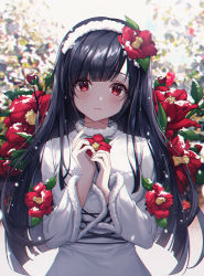 Rule 34 | 1girl, blunt bangs, blurry, blurry background, blush, breasts, copyright request, dress, flower, fur collar, fur trim, hair flower, hair ornament, hairband, highres, holding, holding flower, large breasts, long sleeves, looking at viewer, red flower, snow, solo, ttosom, white dress, white hairband