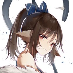 Rule 34 | 1girl, animal ears, arknights, blue bow, bow, brown hair, closed mouth, diagonal-striped bow, eyelashes, fox ears, fur trim, hair between eyes, hair bow, light smile, looking at viewer, medium hair, meng ziya, perfumer (arknights), ponytail, portrait, red eyes, simple background, smile, solo, staff, striped, striped bow, white background
