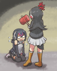 Rule 34 | 2girls, anger vein, bare shoulders, black gloves, black hair, black skirt, black sweater, black thighhighs, boots, crying, crying with eyes open, elbow gloves, flying sweatdrops, gentoo penguin (kemono friends), gloves, hair between eyes, hane (kirschbaum), headphones, highres, holding, holding toy, hood, hood down, humboldt penguin (kemono friends), kemono friends, kemono friends v project, long hair, long sleeves, multiple girls, penguin girl, penguin tail, pleated skirt, purple hair, seiza, short hair, sidelocks, sitting, skirt, sweater, tail, tears, thighhighs, toy, toy hammer, virtual youtuber, wavy mouth, white skirt, white sweater, yellow footwear, zettai ryouiki