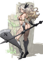 Rule 34 | 1girl, amazon (dragon&#039;s crown), armlet, armor, ass, axe, bikini armor, blonde hair, blue eyes, boots, breasts, circlet, dragon&#039;s crown, feathers, gloves, greaves, halberd, long hair, looking at viewer, looking back, medium breasts, muscular, muscular female, polearm, saitou masatsugu, solo, weapon