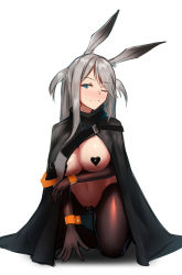 Rule 34 | 1girl, animal ears, arknights, arm under breasts, black pantyhose, blue eyes, blush, breasts, cape, gloves, heart pasties, highres, kneeling, large breasts, lodbyy, long hair, looking at viewer, meme attire, navel, one eye closed, pantyhose, pasties, rabbit ears, revealing clothes, reverse bunnysuit, reverse outfit, savage (arknights), silver hair, simple background, solo, two side up, white background