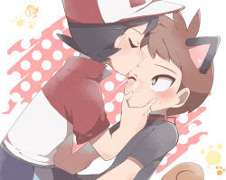 Rule 34 | 2boys, absurdres, animal ears, baseball cap, black hair, blush, bright pupils, brown hair, chase (pokemon), closed eyes, closed mouth, commentary request, creatures (company), game freak, gen 1 pokemon, grey eyes, grey shirt, hachi (hachi sin), hat, highres, kiss, kissing forehead, male focus, meowth, multiple boys, nintendo, pokemon, pokemon (creature), pokemon lgpe, shirt, short hair, short sleeves, sweatdrop, trace (pokemon), white pupils, yaoi
