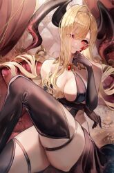 Rule 34 | 1girl, arm under breasts, bare shoulders, black gloves, black thighhighs, blonde hair, blush, breasts, chiachun0621, cleavage, closed mouth, commentary request, elbow gloves, eyes visible through hair, fate/grand order, fate (series), gloves, hand up, highres, horns, large breasts, long hair, looking at viewer, nero claudius (fate), nero claudius (fate) (all), queen draco (fate), queen draco (third ascension) (fate), red eyes, sitting, solo, thick thighs, thighhighs, thighs