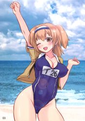 Rule 34 | 10s, 1girl, ;d, absurdres, annin (mankanzenseki), beach, blue sky, brown eyes, clothes writing, cloud, covered erect nipples, covered navel, day, hairband, highleg, highleg swimsuit, highres, huge filesize, i-26 (kancolle), kantai collection, lens flare, light brown hair, long hair, name tag, new school swimsuit, non-web source, ocean, one-piece swimsuit, one eye closed, open clothes, open mouth, outdoors, raised fist, sailor collar, school swimsuit, short sleeves, sky, smile, solo, standing, swimsuit, swimsuit under clothes, translation request, two-tone hairband, two side up