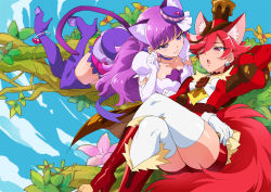 Rule 34 | 2girls, animal ears, anklet, bike shorts, boots, cat ears, cat tail, cure chocolat, cure macaron, dog ears, elbow gloves, fur-trimmed boots, fur trim, gloves, hair ornament, hair over one eye, hat, high heel boots, high heels, in tree, jewelry, kirakira precure a la mode, mini hat, mini top hat, mucha (muchakai), multiple girls, one eye closed, precure, purple eyes, purple hair, reclining, red eyes, red hair, tail, thigh boots, thighhighs, top hat, tree