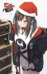 Rule 34 | &gt;:), 1girl, arknights, black hair, black jacket, blurry, blush, bobblehat, closed mouth, closure (arknights), collar, creature, depth of field, ear piercing, fur-trimmed headwear, fur trim, hat, headhunting permit (arknights), highres, jacket, jfjf, long hair, long sleeves, looking at viewer, no pants, open clothes, open jacket, piercing, pouch, red eyes, red hat, santa hat, shirt, simple background, smug, solo, sparkle, suitcase, thigh strap, white background, white shirt
