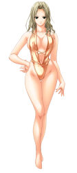 Rule 34 | 1girl, barefoot, blonde hair, breasts, center opening, cleavage, closed mouth, collarbone, covered erect nipples, expressionless, eyebrows, female focus, full body, green eyes, hair intakes, helter skelter, highres, kagami fubuki, large breasts, legs together, long hair, looking at viewer, navel, nipples visible through one-piece swimsuit, nipples visible through swimsuit, one-piece swimsuit, orange one-piece swimsuit, orimiya mai, simple background, solo, standing, swimsuit, thigh gap, white background