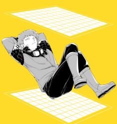 Rule 34 | 1boy, arm pillow, arms behind head, arms up, bad id, bad pixiv id, boots, closed mouth, crossed legs, floating, frown, full body, goggles, goggles around neck, jacket, leaning back, long sleeves, looking away, looking up, male focus, mizukami satoshi (world trigger), monochrome, pants, pants tucked in, sake (kadai), sanpaku, shoe soles, simple background, solo, square, uniform, world trigger, yellow theme
