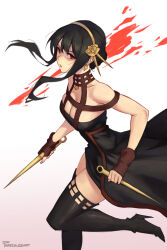 Rule 34 | 1girl, bare arms, bare shoulders, black dress, black footwear, black hair, blood, boots, breasts, cleavage, commentary, dagger, dress, dual wielding, foot out of frame, gradient background, hairband, high heel boots, high heels, highres, holding, holding dagger, holding knife, holding weapon, knife, long hair, medium breasts, phrecklesart, pink background, red eyes, sidelocks, solo, spy x family, thigh boots, thighs, weapon, white background, yor briar
