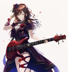 Rule 34 | 1girl, ;), bang dream!, bass guitar, belt, belt buckle, black belt, black ribbon, blackfangs, blush, breasts, brown gloves, brown hair, buckle, buttons, center frills, cleavage, closed mouth, collar, commentary request, cowboy shot, cropped jacket, earrings, epaulettes, esp btl, esp guitars, falling petals, female focus, flower, frilled collar, frilled skirt, frills, gem, gloves, gold trim, gradient background, green eyes, grey background, hair between eyes, half updo, hand up, hat, hat flower, hat ribbon, highres, holding, holding instrument, imai lisa, instrument, jacket, jewelry, layered skirt, leg ribbon, leg up, light particles, long hair, looking at viewer, medium breasts, mini hat, neck ribbon, one eye closed, open clothes, open jacket, petals, puffy short sleeves, puffy sleeves, purple hat, purple jacket, purple ribbon, purple skirt, purple vest, red flower, red gemstone, red rose, ribbon, rose, rose petals, shirt, short sleeves, sidelocks, single glove, skirt, smile, solo, standing, standing on one leg, tilted headwear, two-sided fabric, two-sided skirt, v-shaped eyebrows, vest, wavy hair, white shirt, wrist ribbon