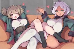 Rule 34 | 2girls, asticassia school uniform, blush, bodystocking, breasts, brown eyes, brown hair, covered erect nipples, covered navel, crossed legs, dark-skinned female, dark skin, ditienan ddn, fang, green eyes, green jacket, green shorts, grey hair, gundam, gundam suisei no majo, halter shirt, halterneck, heart, jacket, large breasts, looking at viewer, medium breasts, multiple girls, open mouth, parted bangs, renee costa, school uniform, secelia dote, shirt, short hair, shorts, sitting, skin fang, smile, smug, thick thighs, thighhighs, thighs, twintails, waving, white shirt, white thighhighs