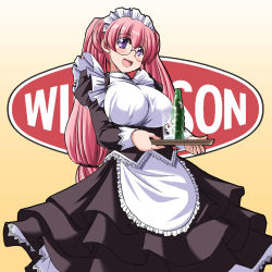 Rule 34 | 1girl, :d, apron, blush, bottle, breasts, dress, english text, frills, glass, glasses, happy, huge breasts, ice, large breasts, log-mi (tonpuu), long hair, maid, maid apron, maid headdress, open mouth, original, pink hair, purple eyes, round eyewear, smile, solo, tonpuu, tray, twintails, waitress