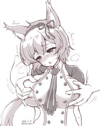 Rule 34 | 1boy, 1girl, animal ears, blush, grabbing another&#039;s breast, breasts, covered erect nipples, grabbing, greyscale, large breasts, monochrome, open mouth, ruhuyu (show by rock!!), show by rock!!, tears, wolf ears, wolf girl
