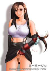 Rule 34 | 1990s (style), 1girl, breasts, clothes lift, female focus, final fantasy, final fantasy vii, gloves, large breasts, nipples, no bra, no panties, pussy, retro artstyle, skirt, skirt lift, smile, solo, tifa lockhart, uncensored, white background