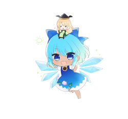 Rule 34 | 2girls, black eyes, black footwear, black headwear, blonde hair, blue bow, blue dress, blue eyes, blue hair, boots, bow, brown headwear, cape, chibi, cirno, dark-skinned female, dark skin, detached sleeves, dress, eyes visible through hair, flower, flying, green cape, green skirt, green sleeves, hair between eyes, hand up, hands up, hat, highres, ice, ice wings, long hair, long sleeves, looking at viewer, matara okina, multiple girls, open mouth, pink flower, puffy short sleeves, puffy sleeves, short hair, short sleeves, simple background, sitting, sitting on person, skirt, smile, sun symbol, sunflower, tanned cirno, touhou, umi (nana spring), white background, white sleeves, wings