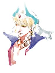 Rule 34 | 1boy, armor, blonde hair, closed mouth, detached collar, earrings, fate/grand order, fate (series), gem, gilgamesh, gilgamesh (caster) (fate), gilgamesh (fate), gorget, hat, horns, jewelry, male focus, pauldrons, pink lips, portrait, red eyes, shoulder armor, simple background, solo, tenobe, white background