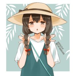 Rule 34 | 1girl, black hair, blouse, blue dress, braid, brown eyes, cocoperino, commentary request, dated, dress, hair between eyes, hat, isonami (kancolle), kantai collection, looking at viewer, official alternate costume, one-hour drawing challenge, shirt, sidelocks, solo, sun hat, twin braids, twitter username, upper body, white shirt