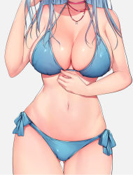 Rule 34 | 1girl, bikini, blue bikini, blue hair, breasts, choker, cleavage, collarbone, head out of frame, highres, jewelry, large breasts, long hair, mataro (matarou), navel, necklace, original, side-tie bikini bottom, simple background, solo, star (symbol), star necklace, stomach, swimsuit, white background