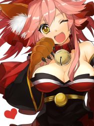 Rule 34 | 1girl, :d, animal ear fluff, animal ears, animal hands, bare shoulders, bell, belt collar, black sash, bow, collar, detached sleeves, fangs, fate/grand order, fate (series), fox ears, hair bow, head tilt, heart, highres, hime cut, japanese clothes, jingle bell, kimono, long sleeves, looking at viewer, neck bell, obi, one eye closed, open mouth, pink hair, red bow, red kimono, sash, simple background, smile, sogawa, solo, tamamo (fate), tamamo cat (fate), tamamo cat (first ascension) (fate), upper body, yellow eyes