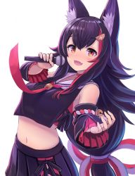 Rule 34 | 1girl, animal ear fluff, animal ears, bell, black hair, blush, choker, commentary, cowboy shot, detached sleeves, enumiyaa, fang, hair ornament, hairclip, highres, holding, holding microphone, hololive, japanese clothes, kouhaku nawa, long hair, looking at viewer, microphone, music, navel, ookami mio, ookami mio (1st costume), open mouth, red choker, red hair, red neckwear, rope, shimenawa, singing, skin fang, smile, solo, tail, virtual youtuber, wolf ears, wolf tail, yellow eyes