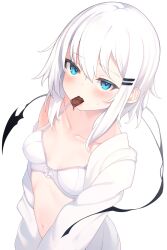 Rule 34 | 1girl, blue eyes, blush, bow, bow bra, bra, breasts, candy, chocolate, chocolate bar, collarbone, food, food in mouth, hair between eyes, hair ornament, hairclip, highres, jacket, looking at viewer, navel, original, otokuyou, ringo-chan (otokuyou), short hair, simple background, small breasts, solo, underwear, white background, white bra, white hair, white jacket