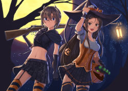 Rule 34 | 2girls, bad id, bad pixiv id, blue eyes, bolt-action rifle, bolt action, brown hair, demon tail, dreadtie, full moon, garter straps, gloves, gun, halloween, halloween costume, hand on headwear, hat, highres, horns, jack-o&#039;-lantern, kawase ai, legs apart, long hair, looking at viewer, midriff, moon, multiple girls, navel, night, night-vision device, open mouth, original, pleated skirt, safety glasses, short hair, skirt, straight-pull rifle, striped clothes, striped legwear, striped thighhighs, tail, thighhighs, tree, weapon, wide field of view device, witch hat