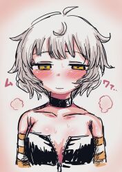 Rule 34 | 1girl, black choker, black shirt, blush, breasts, choker, cleavage, closed mouth, cropped torso, detached sleeves, grey hair, highres, magia record: mahou shoujo madoka magica gaiden, magical girl, mahou shoujo madoka magica, miwa mitsune, orange eyes, partially unzipped, shirt, small breasts, solo, strapless, strapless shirt, upper body, youichi82880400