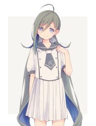 Rule 34 | 1girl, ahoge, alternate costume, blue hair, colis, dress, grey hair, hair between eyes, hair ribbon, kantai collection, kiyoshimo (kancolle), long hair, low twintails, multicolored hair, purple eyes, ribbon, sailor collar, sailor dress, short sleeves, simple background, smile, solo, twintails, twitter username, two-tone background, two-tone hair, very long hair, white dress