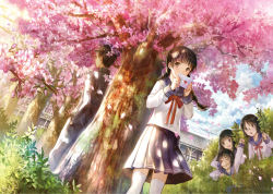 Rule 34 | &gt; &lt;, 1boy, 4girls, arm up, black hair, braid, brown eyes, building, bush, cherry blossoms, closed eyes, covering another&#039;s mouth, dutch angle, envelope, fuzichoco, glasses, hand in pocket, hand over another&#039;s mouth, hat, heart, letter, long hair, love letter, multiple girls, open mouth, original, ribbon, school uniform, short hair, skirt, thighhighs, tree, twin braids, white legwear