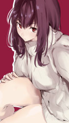 Rule 34 | 1girl, absurdres, bare legs, breasts, fate/grand order, fate (series), fingernails, hair intakes, highres, knee up, large breasts, long hair, looking at viewer, mifts09, purple hair, red background, red eyes, ribbed sweater, scathach (fate), simple background, smile, solo, sweater, turtleneck, turtleneck sweater, very long hair
