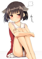Rule 34 | 1girl, :t, puff of air, arai togami, bare arms, blush, brown hair, closed mouth, collarbone, crossed arms, dress, headgear, highres, legs together, looking at viewer, orange eyes, panties, pantyshot, pout, red dress, sailor collar, sailor dress, short dress, short hair, simple background, sitting, sleeveless, sleeveless dress, solo, touhoku kiritan, underwear, v-shaped eyebrows, voiceroid, white background, white panties, white sailor collar