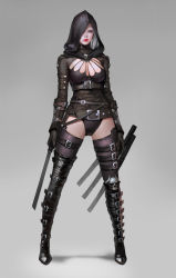 Rule 34 | 1girl, absurdres, arms at sides, black footwear, black panties, blue eyes, boots, breasts, closed mouth, full body, grey background, highres, holding, holding sword, holding weapon, hood, j. won han, lips, long hair, looking at viewer, medium breasts, original, panties, red lips, silver hair, simple background, skull, solo, standing, sword, thigh boots, thigh strap, thighhighs, underwear, weapon