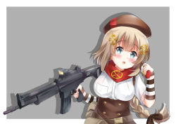 Rule 34 | 1girl, absurdres, arm warmers, assault rifle, belt pouch, beret, blue eyes, blush, braid, breasts, candy, chocolate, chocolate bar, fn fnc, fnc (girls&#039; frontline), food, girls&#039; frontline, gradient background, grandapple71, gun, hair ornament, hairclip, hat, highres, long hair, looking at viewer, name connection, open mouth, portrait, pouch, ribbon, rifle, scarf, simple background, solo, weapon