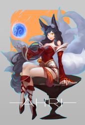 Rule 34 | 1girl, absurdres, ahri (league of legends), animal ears, bare shoulders, black hair, breasts, character name, cleavage, collarbone, detached sleeves, energy ball, facial mark, fingernails, fox ears, fox tail, highres, korean clothes, large breasts, league of legends, crossed legs, lips, long hair, low-tied long hair, multiple tails, nail, nail polish, sharp fingernails, sitting, slit pupils, solo, sunset xi, tail, very long hair, whisker markings, yellow eyes